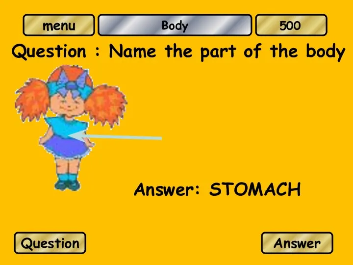 Body Question : Name the part of the body Answer: STOMACH Question Answer 500