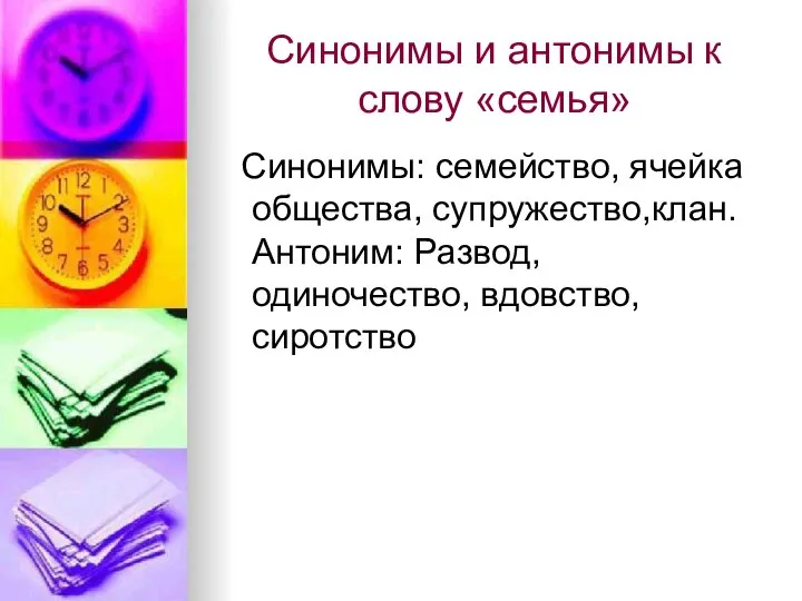 Синонимы и антонимы к слову «семья» Синонимы: семейство, ячейка общества, супружество,клан. Антоним: Развод, одиночество, вдовство, сиротство