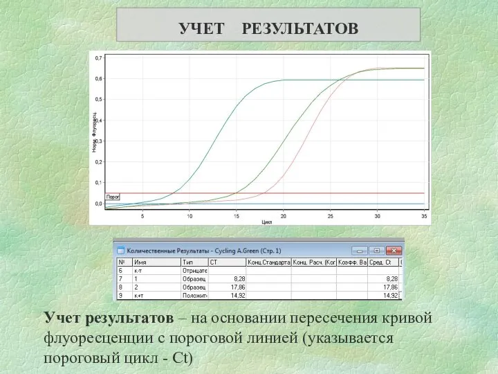 УЧЕТ РЕЗУЛЬТАТОВ Учет результатов – на основании пересечения кривой флуоресценции с пороговой