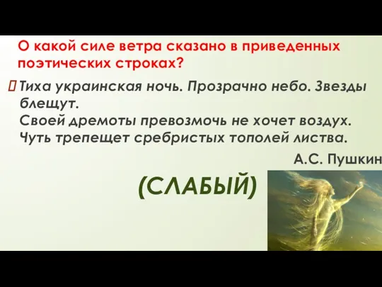 О какой силе ветра сказано в приведенных поэтических строках? Тиха украинская ночь.