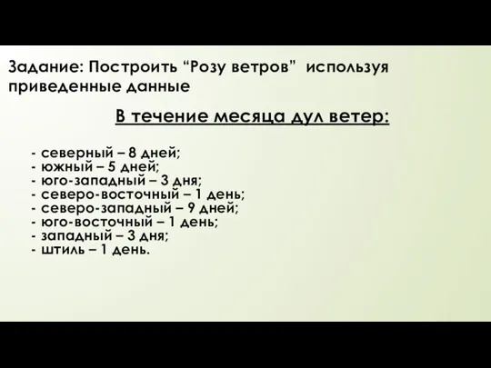 Задание: Построить “Розу ветров” используя приведенные данные В течение месяца дул ветер: