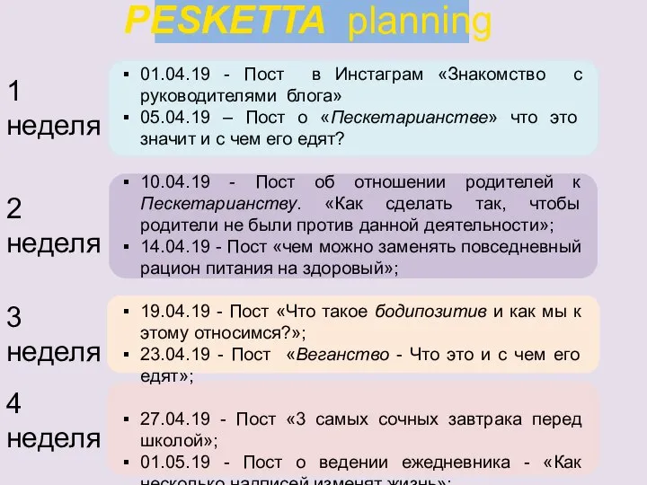 PESKETTA planning 01.04.19 - Пост в Инстаграм «Знакомство с руководителями блога» 05.04.19