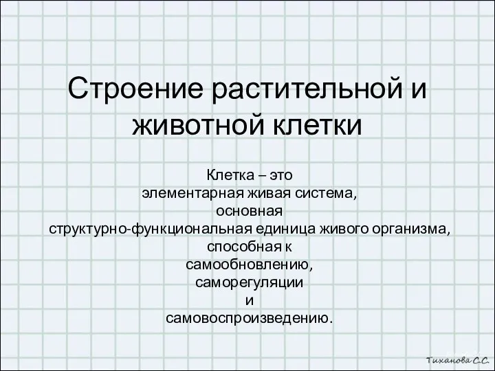 Строение растительной и животной клетки Клетка – это элементарная живая система, основная