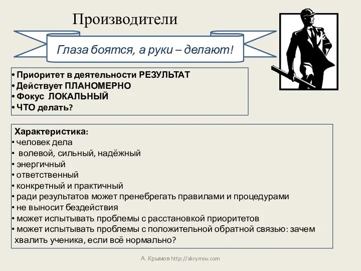 Производители А. Крымов http://akrymov.com Глаза боятся, а руки – делают! Приоритет в