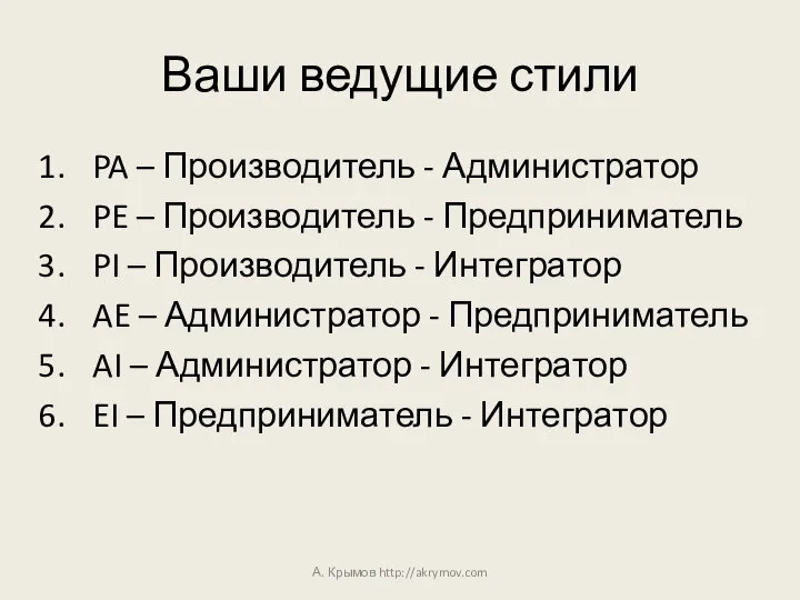 Ваши ведущие стили PA – Производитель - Администратор PE – Производитель -