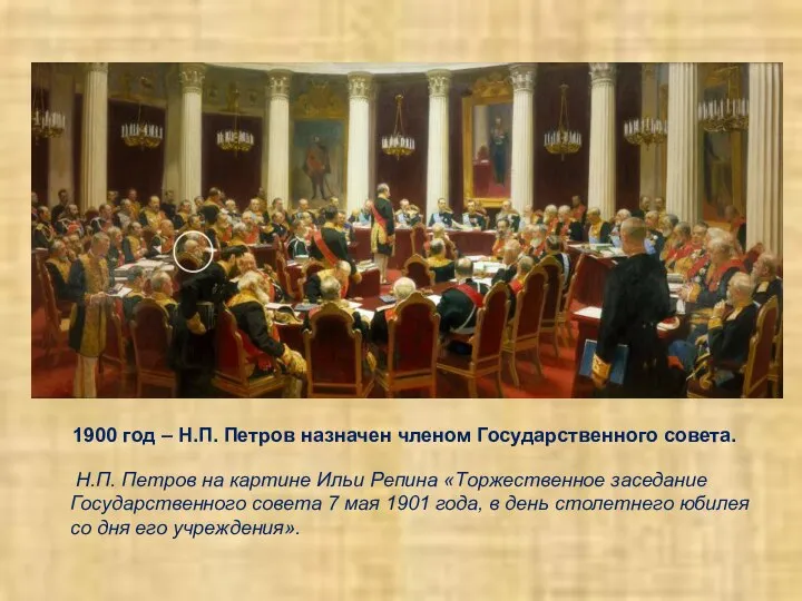 1900 год – Н.П. Петров назначен членом Государственного совета. Н.П. Петров на