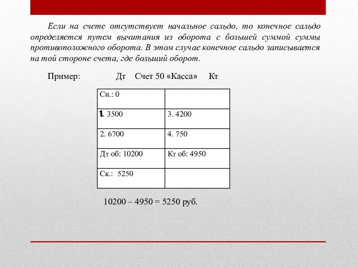 Если на счете отсутствует начальное сальдо, то конечное сальдо определяется путем вычитания