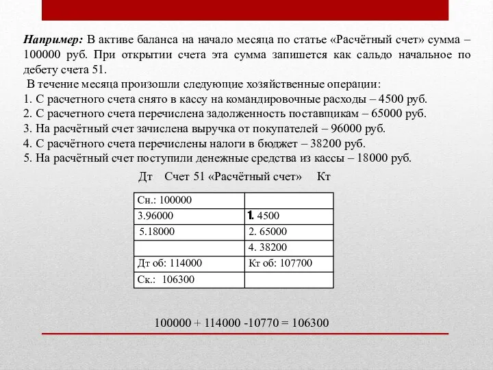 Например: В активе баланса на начало месяца по статье «Расчётный счет» сумма