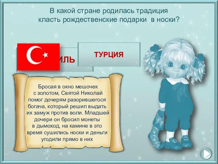 В какой стране родилась традиция класть рождественские подарки в носки? ИЗРАИЛЬ ИСПАНИЯ ТУРЦИЯ ТУРЦИЯ