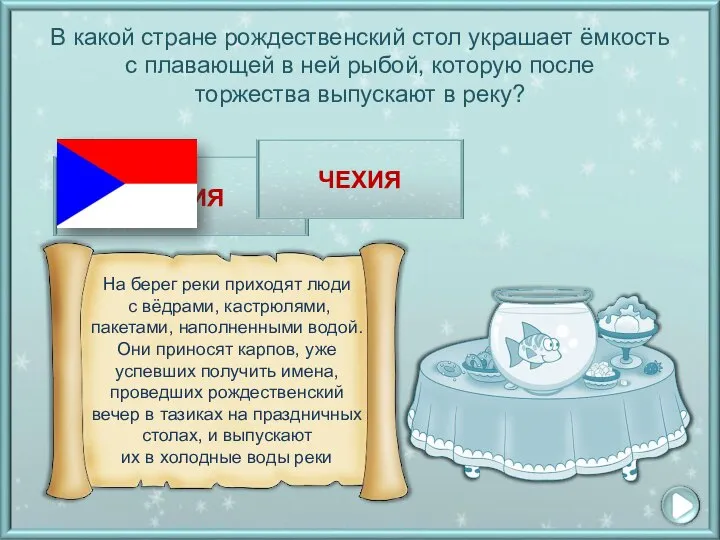 В какой стране рождественский стол украшает ёмкость с плавающей в ней рыбой,