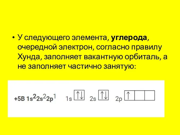 У следующего элемента, углерода, очередной электрон, согласно правилу Хунда, заполняет вакантную орбиталь,