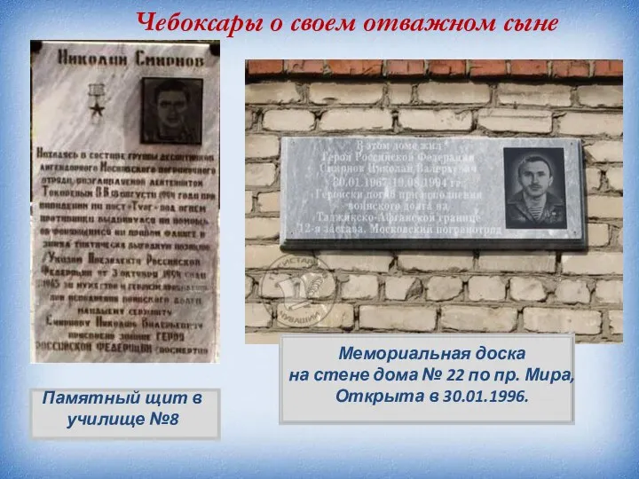 Чебоксары о своем отважном сыне Памятный щит в училище №8 Мемориальная доска