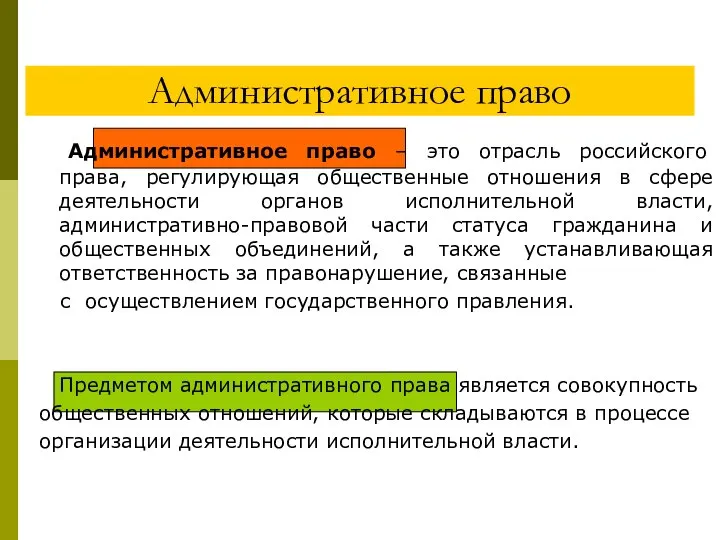 Административное право Административное право – это отрасль российского права, регулирующая общественные отношения