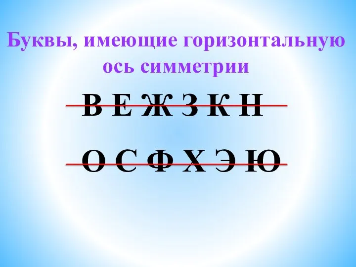 Буквы, имеющие горизонтальную ось симметрии В Е Ж З К Н О