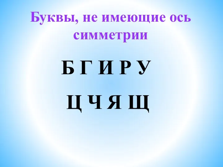 Буквы, не имеющие ось симметрии Б Г И Р У Ц Ч Я Щ