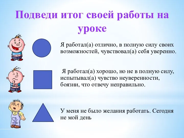 Подведи итог своей работы на уроке Я работал(а) отлично, в полную силу