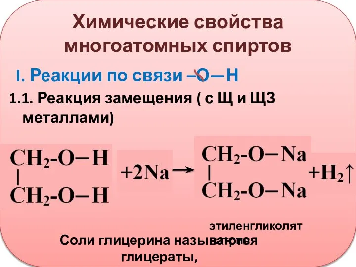 Химические свойства многоатомных спиртов I. Реакции по связи –О—Н 1.1. Реакция замещения