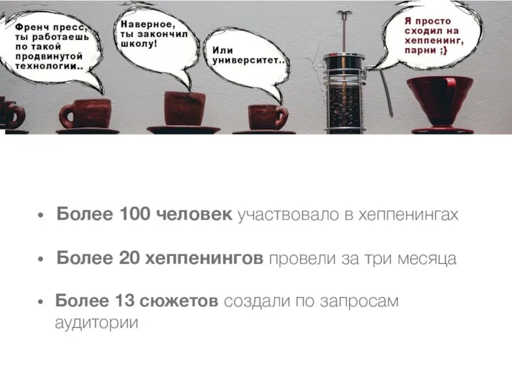 Более 100 человек участвовало в хеппенингах Более 20 хеппенингов провели за три