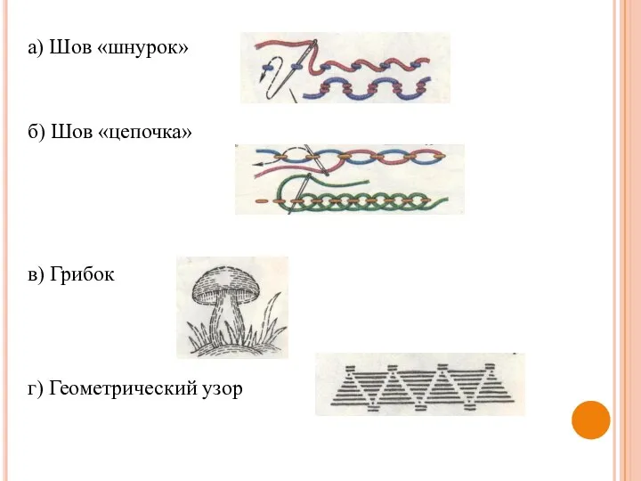 а) Шов «шнурок» б) Шов «цепочка» в) Грибок г) Геометрический узор