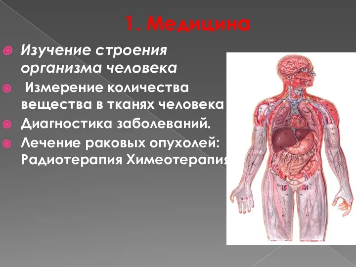 1. Медицина Изучение строения организма человека Измерение количества вещества в тканях человека