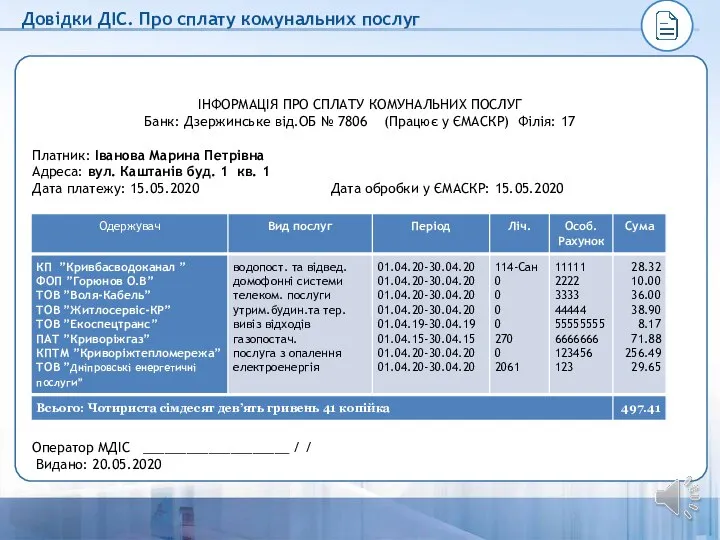 ІНФОРМАЦІЯ ПРО СПЛАТУ КОМУНАЛЬНИХ ПОСЛУГ Банк: Дзержинське від.ОБ № 7806 (Працює у