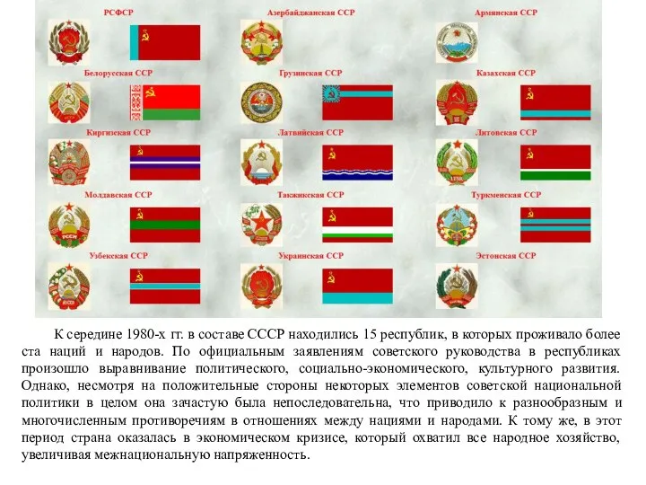 К середине 1980-х гг. в составе СССР находились 15 республик, в которых