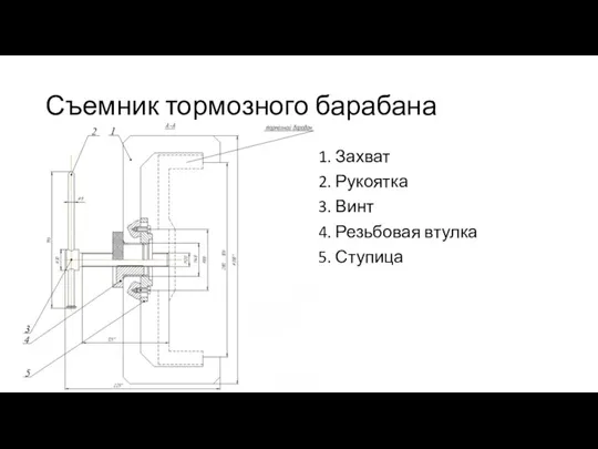 Съемник тормозного барабана 1. Захват 2. Рукоятка 3. Винт 4. Резьбовая втулка 5. Ступица