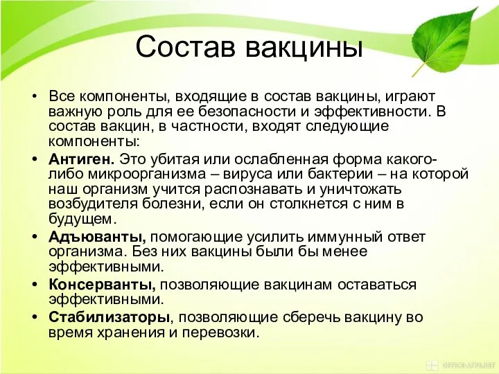 Состав вакцины Все компоненты, входящие в состав вакцины, играют важную роль для