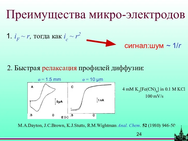 Преимущества микро-электродов 1. iF ~ r, тогда как ic ~ r2 сигнал:шум