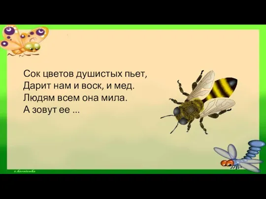 Сок цветов душистых пьет, Дарит нам и воск, и мед. Людям всем