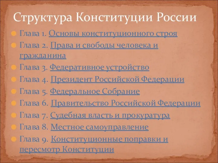 Глава 1. Основы конституционного строя Глава 2. Права и свободы человека и