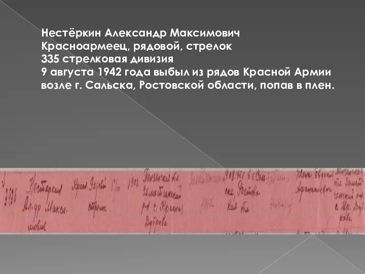 Нестёркин Александр Максимович Красноармеец, рядовой, стрелок 335 стрелковая дивизия 9 августа 1942