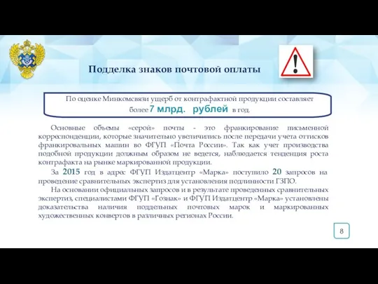 8 Подделка знаков почтовой оплаты По оценке Минкомсвязи ущерб от контрафактной продукции