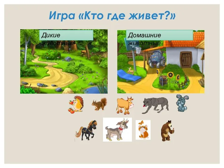 Игра «Кто где живет?» Дикие животные Домашние животные