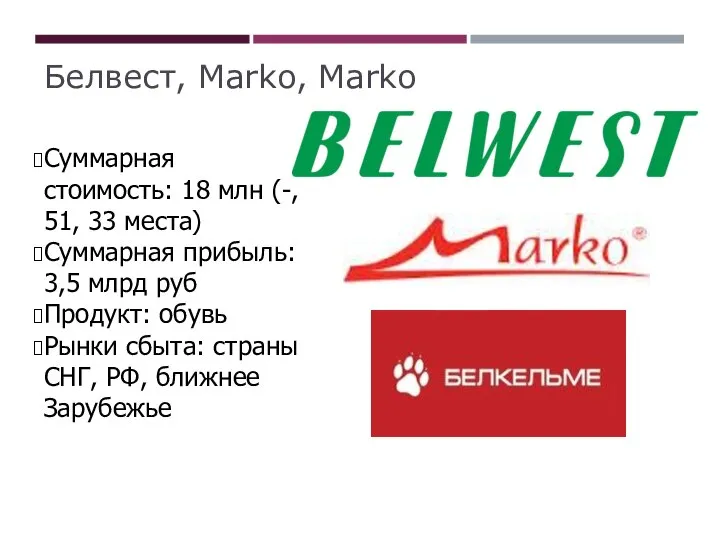 Белвест, Marko, Marko Суммарная стоимость: 18 млн (-, 51, 33 места) Суммарная