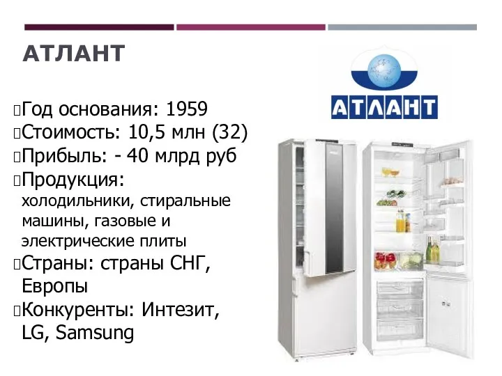 АТЛАНТ Год основания: 1959 Стоимость: 10,5 млн (32) Прибыль: - 40 млрд