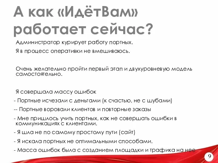 А как «ИдётВам» работает сейчас? 9 Администратор курирует работу портных. Я в