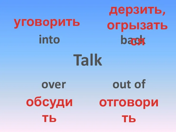 Talk into back over out of уговoрить дерзить, огрызаться обсудить отговорить