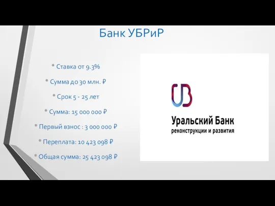 Банк УБРиР Ставка от 9.3% Сумма до 30 млн. ₽ Срок 5