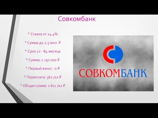 Совкомбанк Ставка от 14.4% Сумма до 2.5 млн. ₽ Срок 12 -