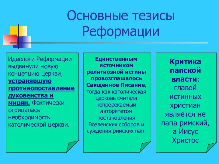 Основные тезисы Реформации Идеологи Реформации выдвинули новую концепцию церкви, устранявшую противопоставление духовенства