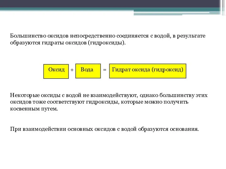 Большинство оксидов непосредственно соединяется с водой, в результате образуются гидраты оксидов (гидроксиды).