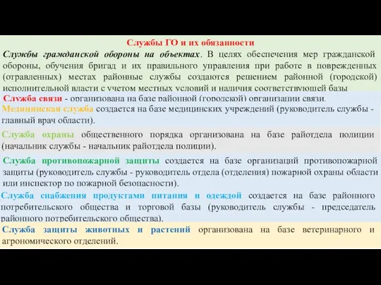 Службы ГО и их обязанности Службы гражданской обороны на объектах. В целях