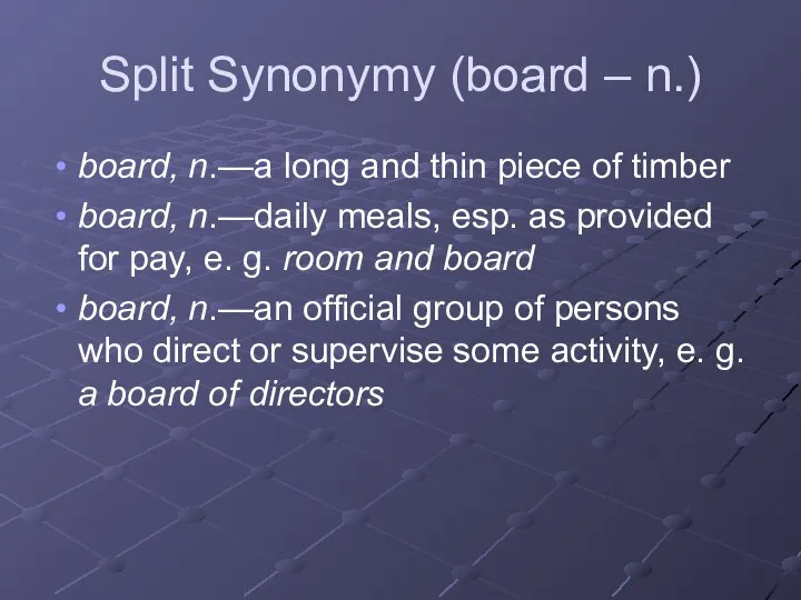 Split Synonymy (board – n.) board, n.—a long and thin piece of