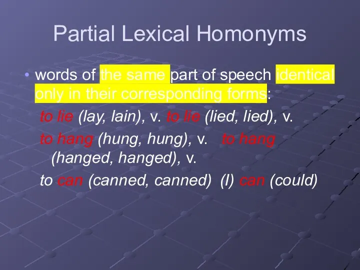 Partial Lexical Homonyms words of the same part of speech identical only