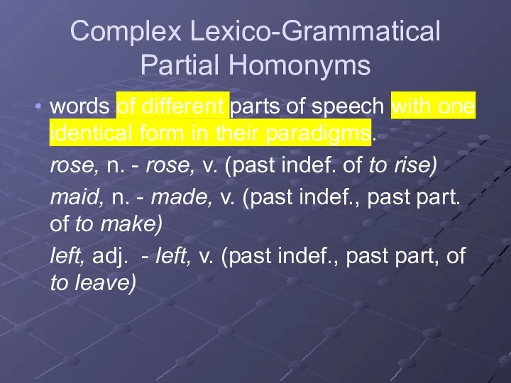 Complex Lexico-Grammatical Partial Homonyms words of different parts of speech with one