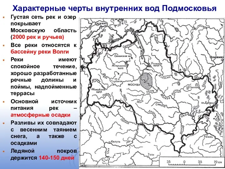 Характерные черты внутренних вод Подмосковья Густая сеть рек и озер покрывает Московскую