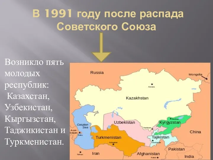 В 1991 году после распада Советского Союза Возникло пять молодых республик: Казахстан,