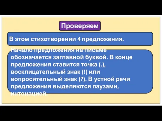 Проверяем В этом стихотворении 4 предложения. Начало предложения на письме обозначается заглавной