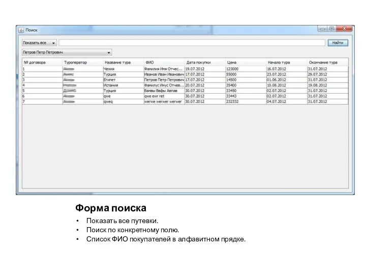 Форма поиска Показать все путевки. Поиск по конкретному полю. Список ФИО покупателей в алфавитном прядке.